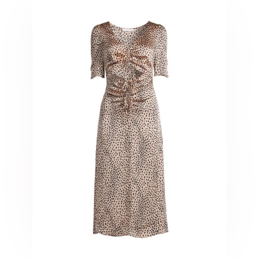 LUSH SATIN LEOPARD PRINT CUT-OUT MIDI DRESS